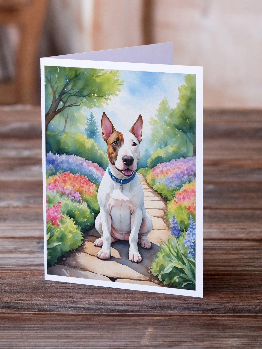 English Bull Terrier Spring Path Greeting Cards Pack of 8 Blank Cards with Envelopes Whimsical A7 Size 5x7