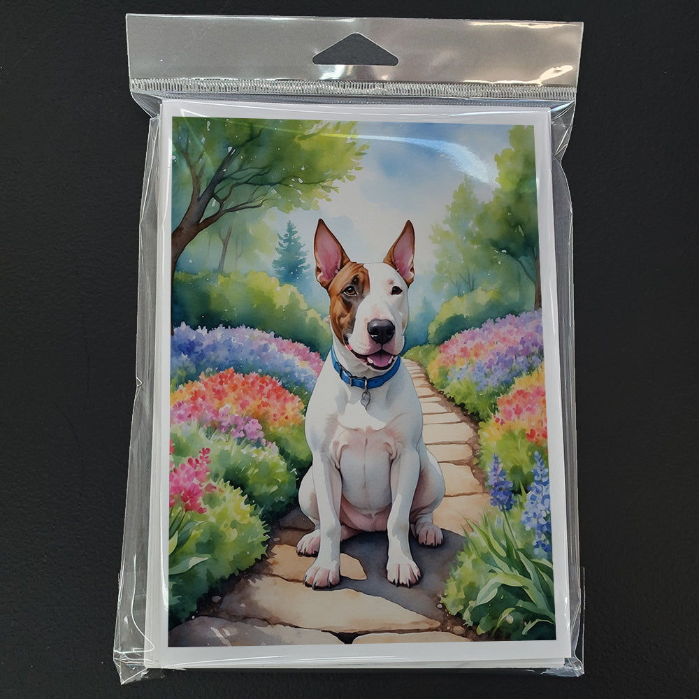 English Bull Terrier Spring Path Greeting Cards Pack of 8 Blank Cards with Envelopes Whimsical A7 Size 5x7
