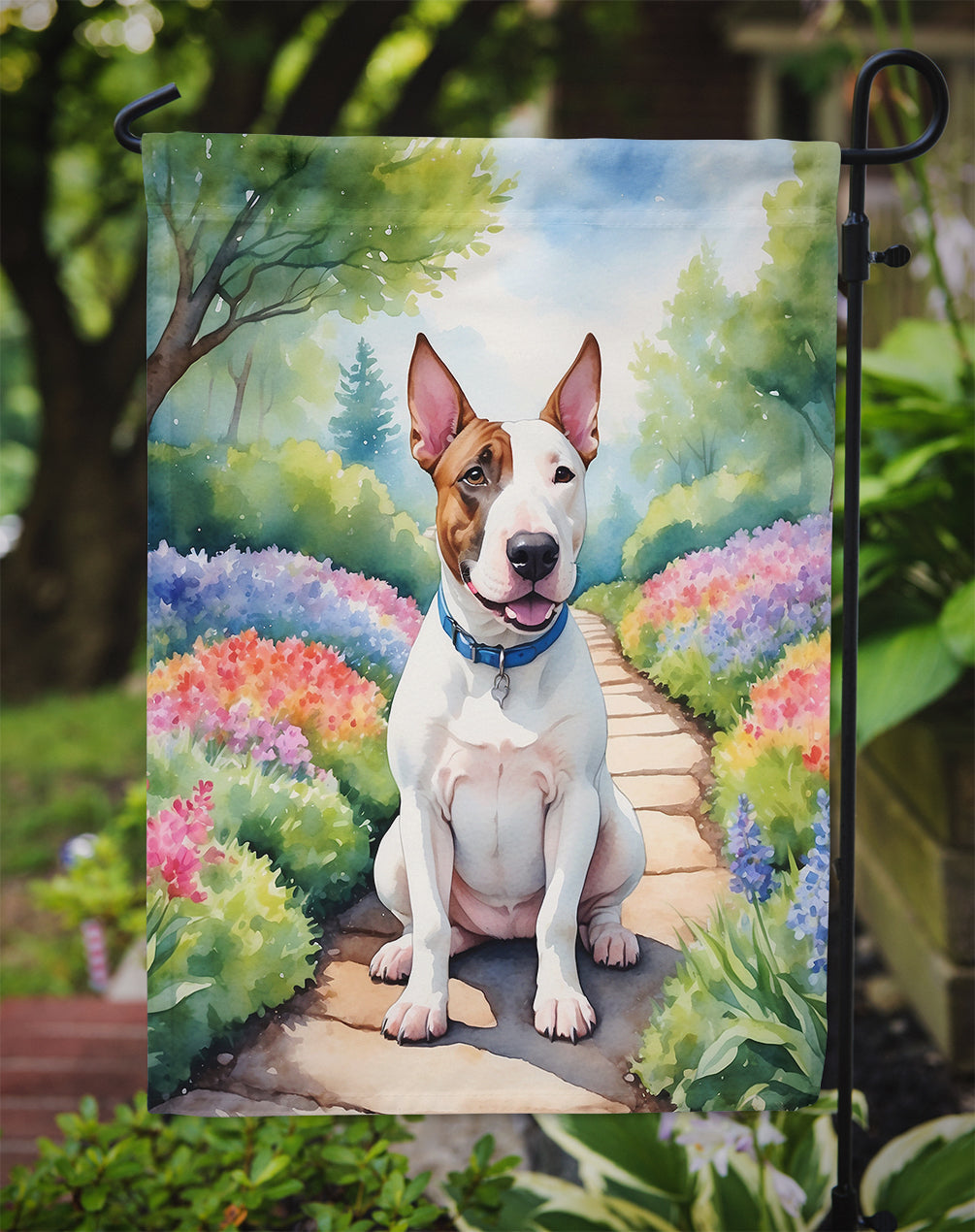 English Bull Terrier Spring Path Garden Flag Mailbox Decorative Yard Banner Outside Patio Artwork for Flower Beds, Garden Size, Multicolor