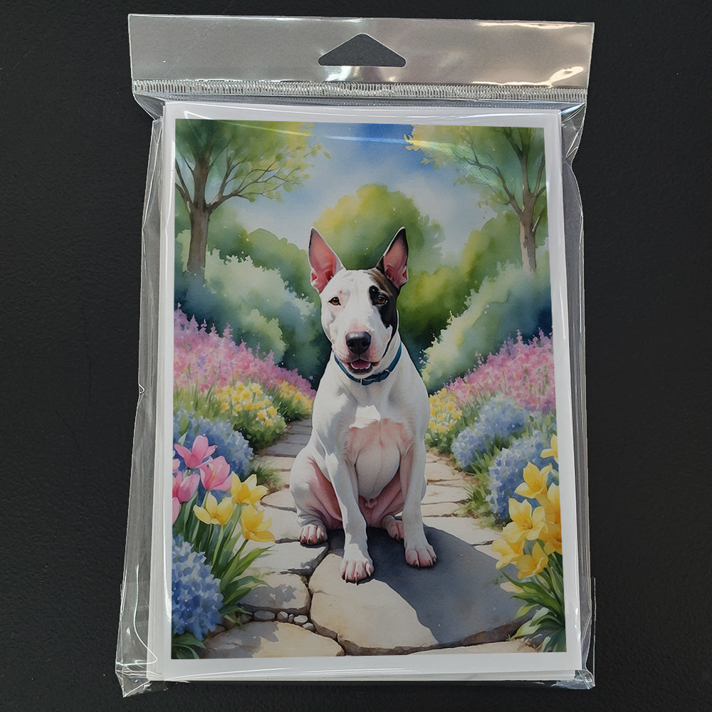 English Bull Terrier Spring Path Greeting Cards Pack of 8 Blank Cards with Envelopes Whimsical A7 Size 5x7