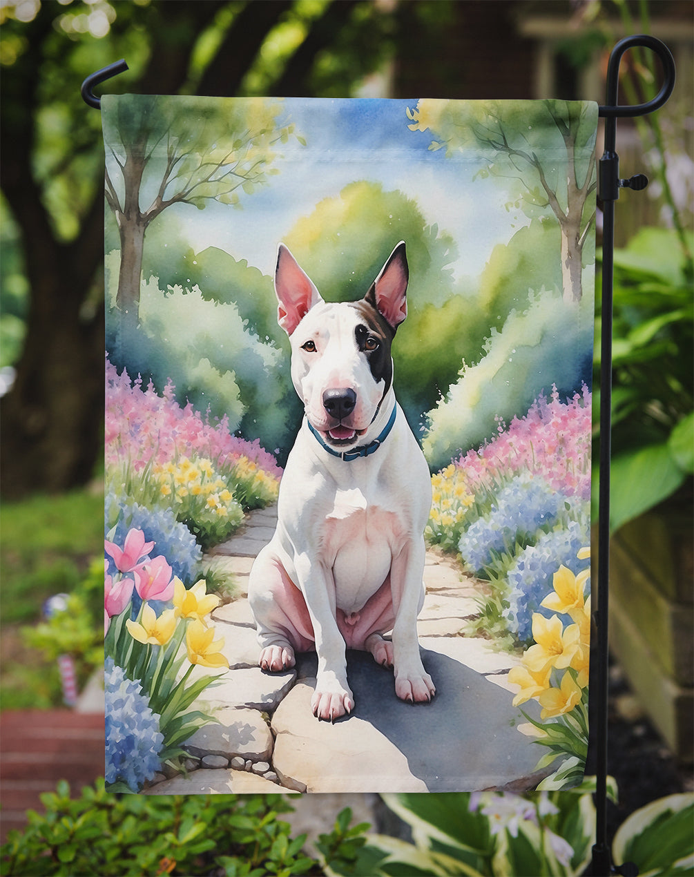English Bull Terrier Spring Path Garden Flag Mailbox Decorative Yard Banner Outside Patio Artwork for Flower Beds, Garden Size, Multicolor
