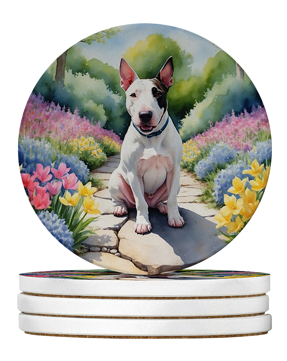 English Bull Terrier Spring Path Large Sandstone Coasters Pack of 4 Absorbent Round Coasters Decor Gifts for Men or Women, 4 in, Multicolor