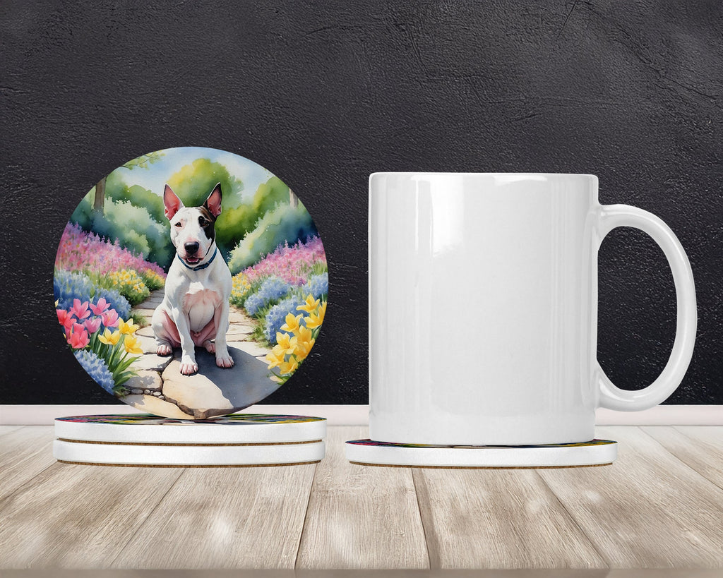 English Bull Terrier Spring Path Large Sandstone Coasters Pack of 4 Absorbent Round Coasters Decor Gifts for Men or Women, 4 in, Multicolor