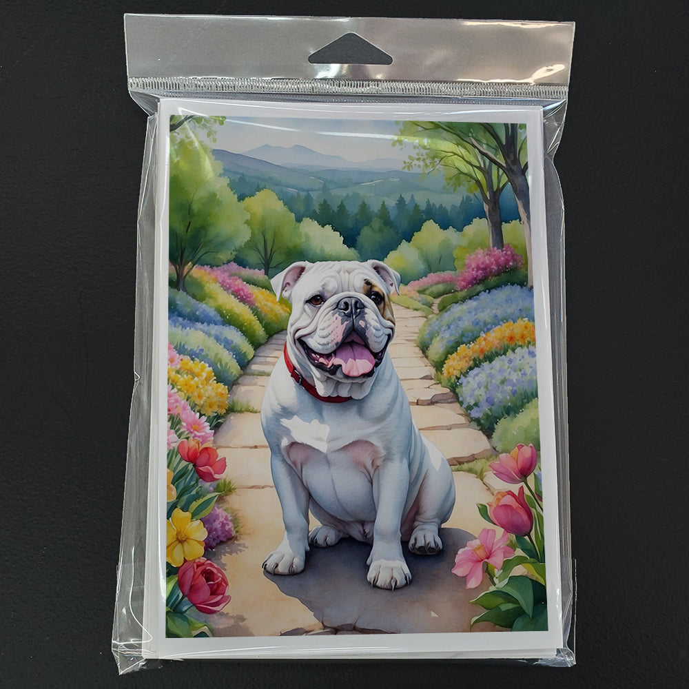 English Bulldog Spring Path Greeting Cards Pack of 8 Blank Cards with Envelopes Whimsical A7 Size 5x7