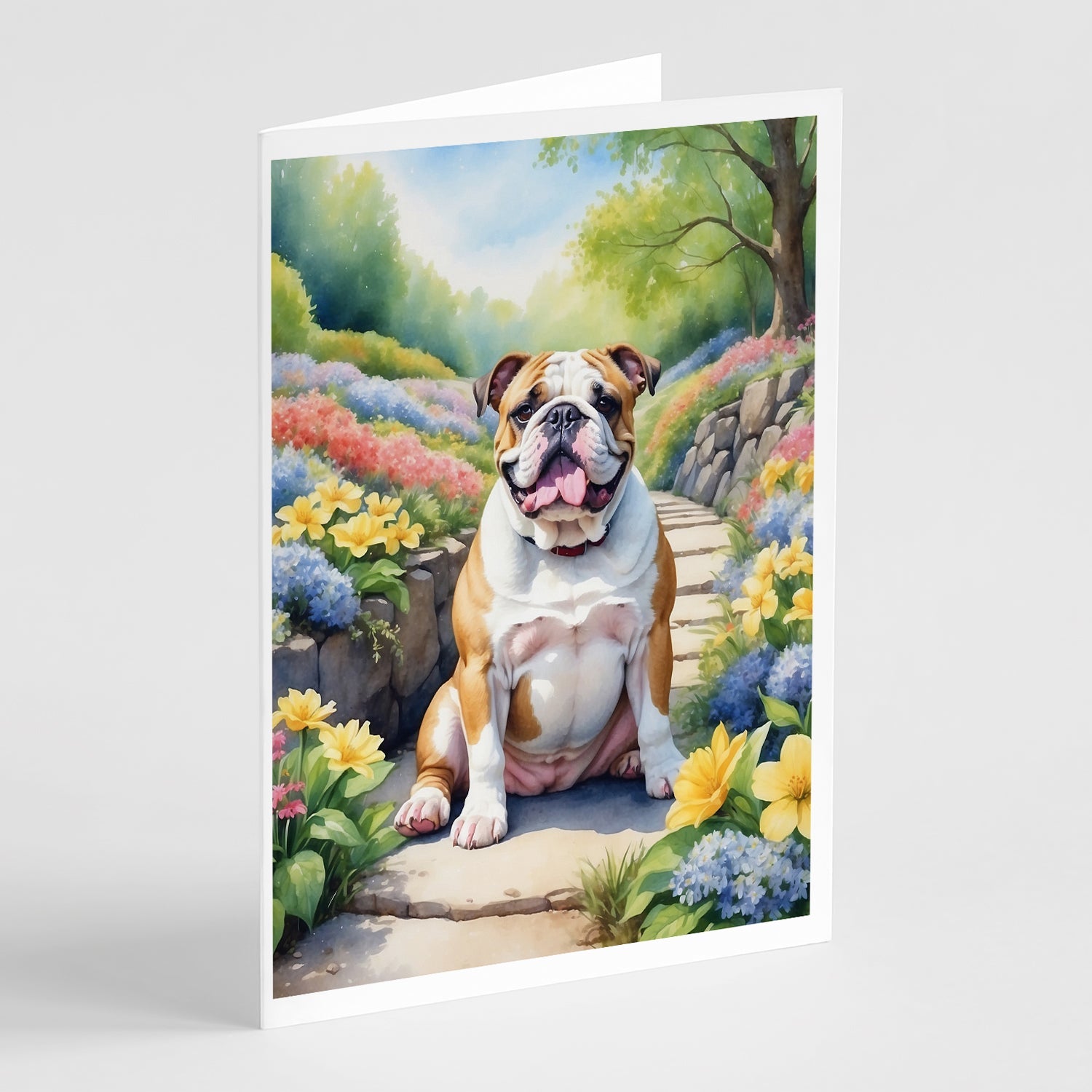 English Bulldog Spring Path Greeting Cards Pack of 8 Blank Cards with Envelopes Whimsical A7 Size 5x7