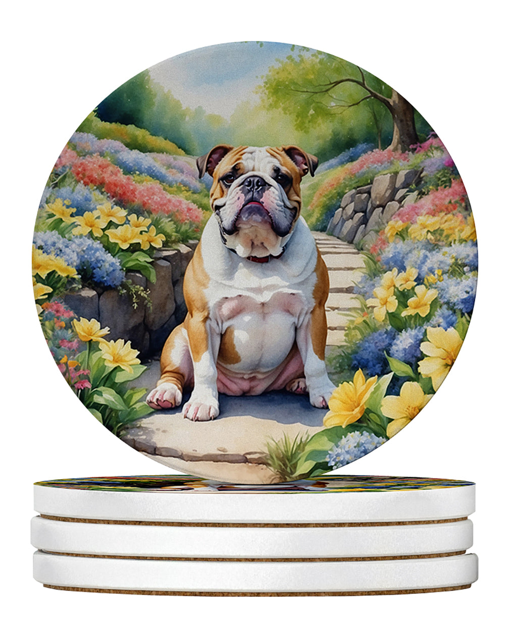 English Bulldog Spring Path Large Sandstone Coasters Pack of 4 Absorbent Round Coasters Decor Gifts for Men or Women, 4 in, Multicolor