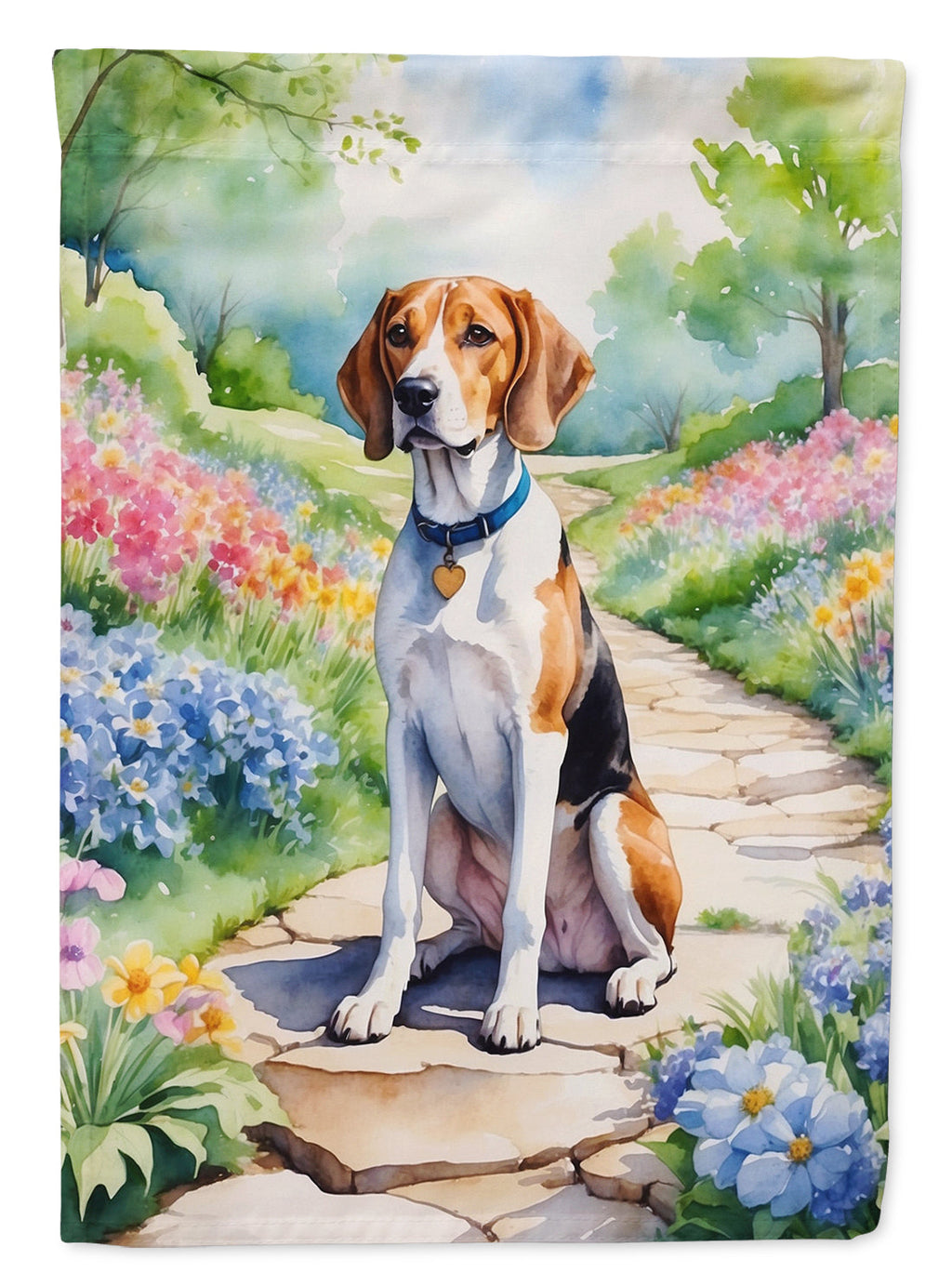 English Foxhound Spring Path House Flag 28x40 Porch Sleeve Pole Decorative Outside Yard Banner Artwork Wall Hanging, Polyester