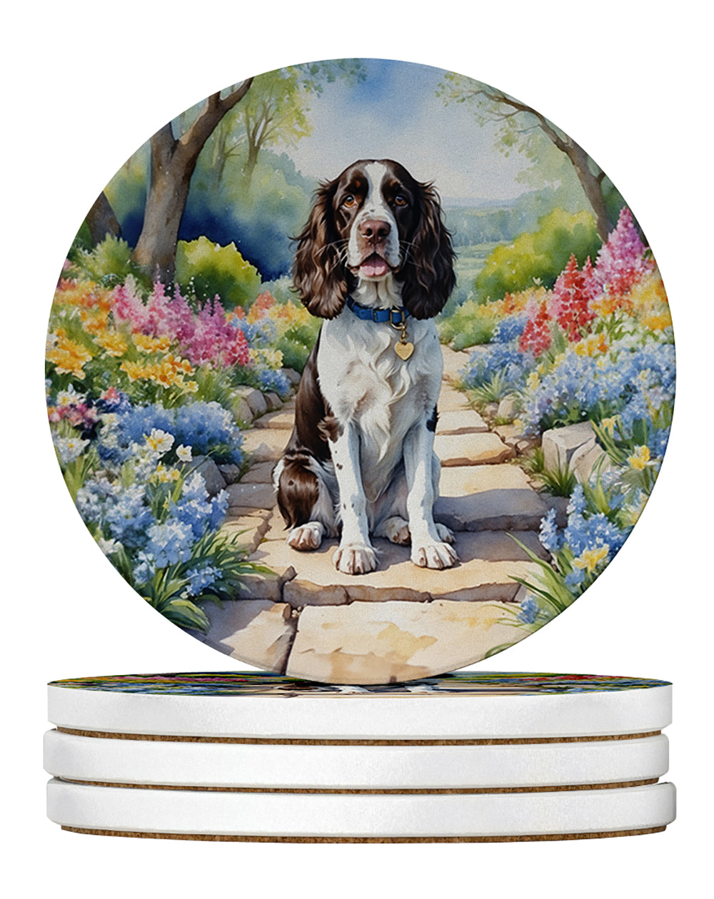 English Springer Spaniel Spring Path Large Sandstone Coasters Pack of 4 Absorbent Round Coasters Decor Gifts for Men or Women, 4 in, Multicolor