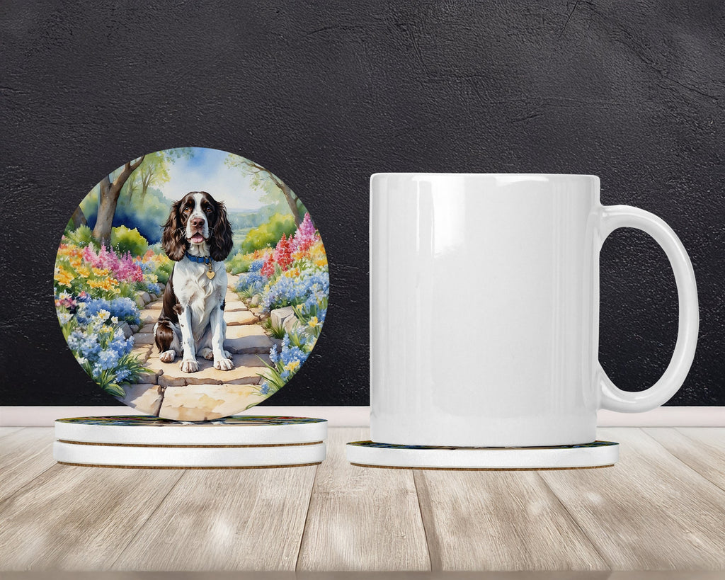 English Springer Spaniel Spring Path Large Sandstone Coasters Pack of 4 Absorbent Round Coasters Decor Gifts for Men or Women, 4 in, Multicolor