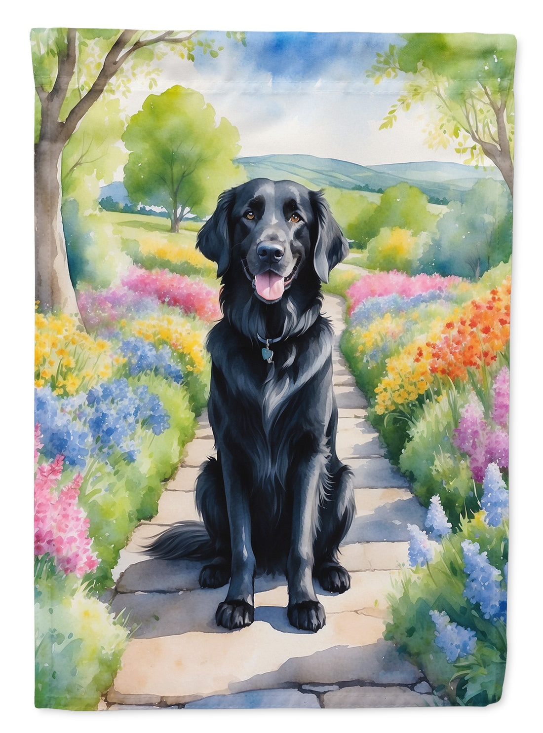 Flat-Coated Retriever Spring Path House Flag 28x40 Porch Sleeve Pole Decorative Outside Yard Banner Artwork Wall Hanging, Polyester