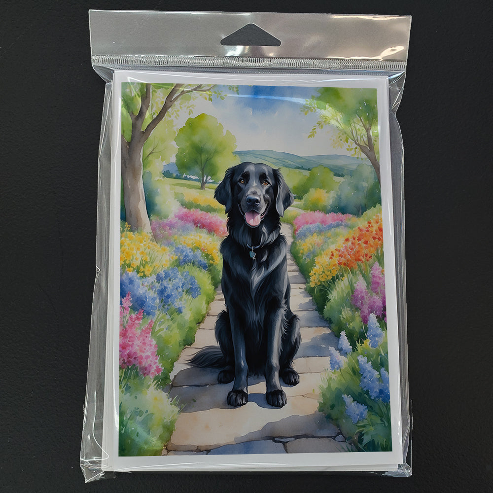 Flat-Coated Retriever Spring Path Greeting Cards Pack of 8 Blank Cards with Envelopes Whimsical A7 Size 5x7