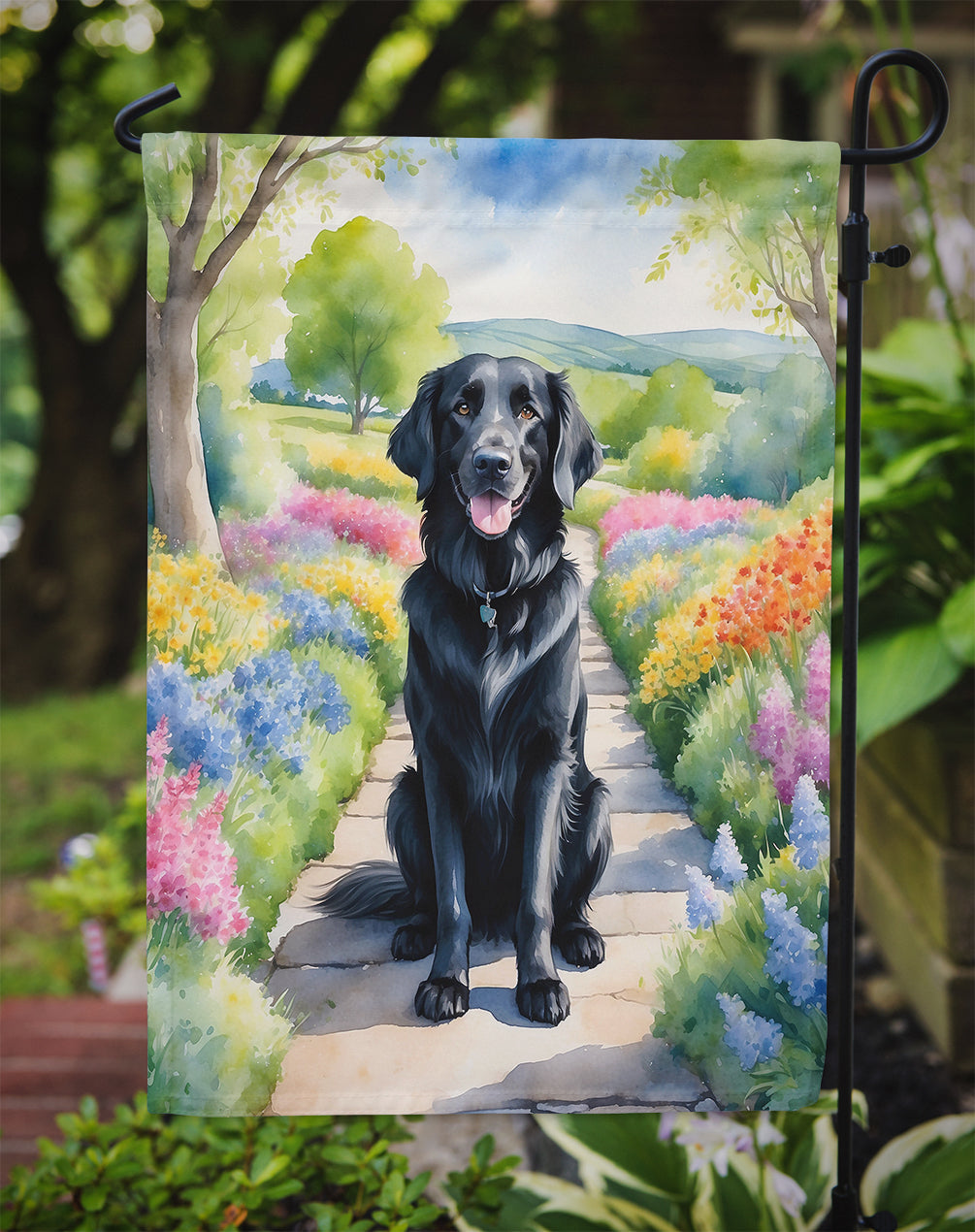 Flat-Coated Retriever Spring Path Garden Flag Mailbox Decorative Yard Banner Outside Patio Artwork for Flower Beds, Garden Size, Multicolor