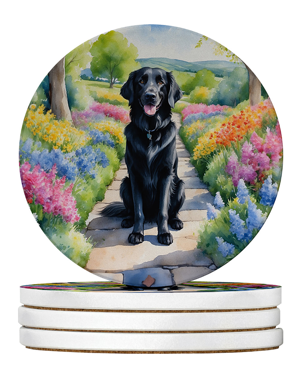Flat-Coated Retriever Spring Path Large Sandstone Coasters Pack of 4 Absorbent Round Coasters Decor Gifts for Men or Women, 4 in, Multicolor