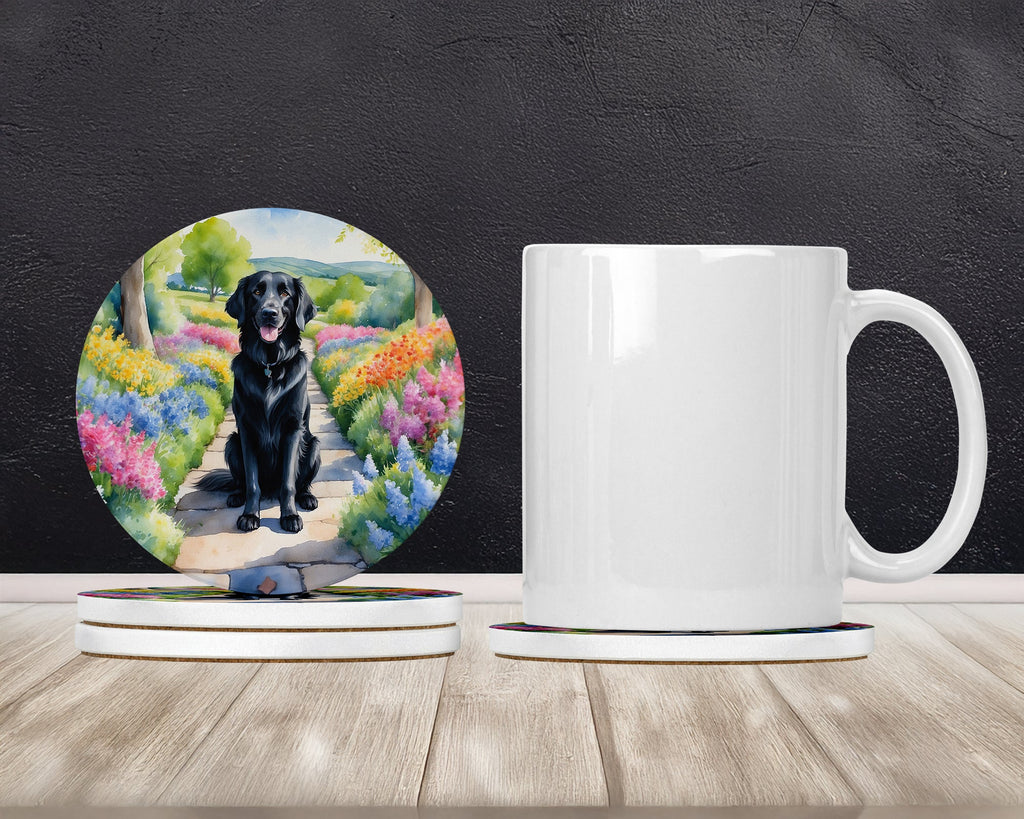 Flat-Coated Retriever Spring Path Large Sandstone Coasters Pack of 4 Absorbent Round Coasters Decor Gifts for Men or Women, 4 in, Multicolor