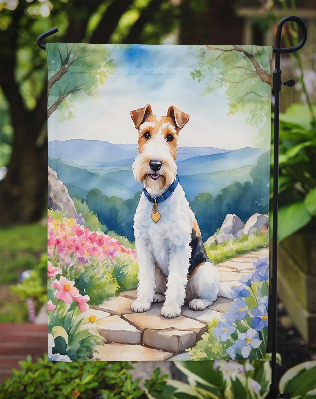 Fox Terrier Spring Path Garden Flag Mailbox Decorative Yard Banner Outside Patio Artwork for Flower Beds, Garden Size, Multicolor