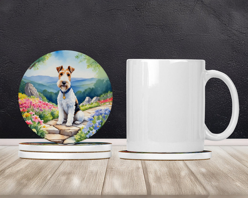 Fox Terrier Spring Path Large Sandstone Coasters Pack of 4 Absorbent Round Coasters Decor Gifts for Men or Women, 4 in, Multicolor