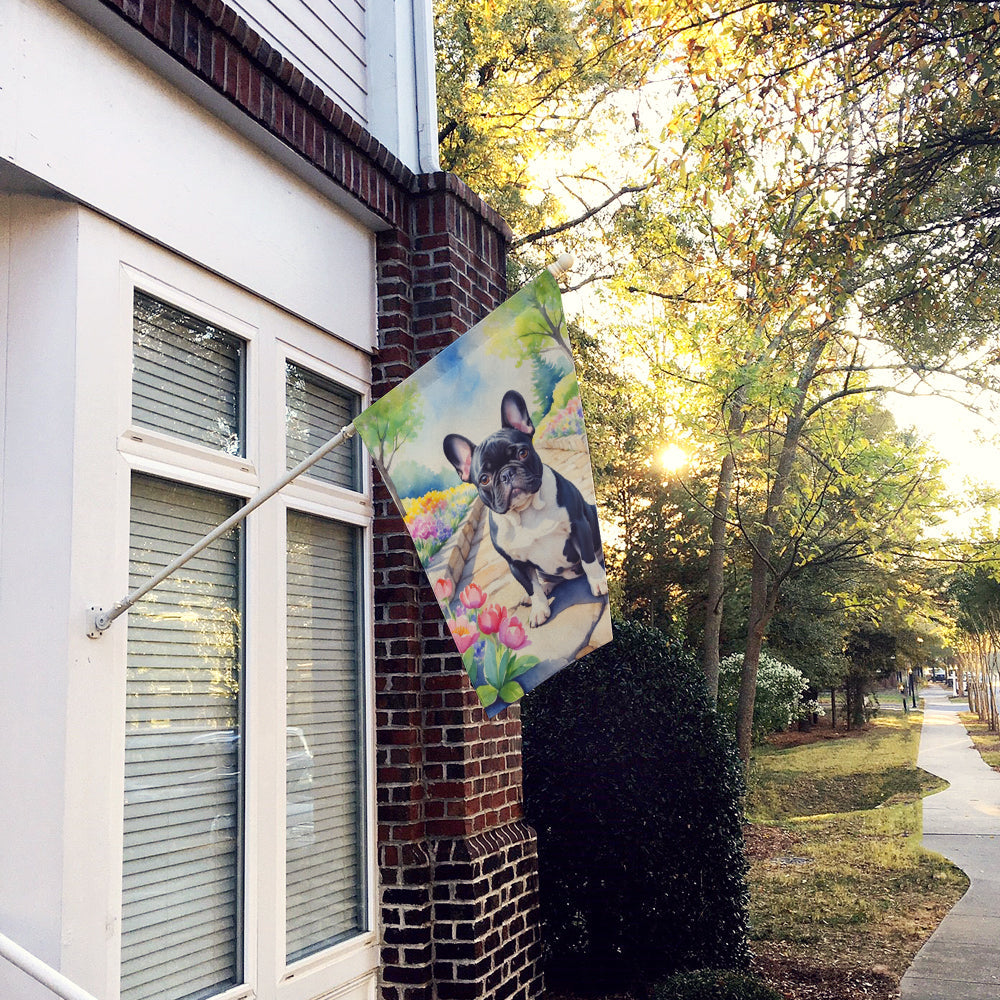 French Bulldog Spring Path House Flag 28x40 Porch Sleeve Pole Decorative Outside Yard Banner Artwork Wall Hanging, Polyester
