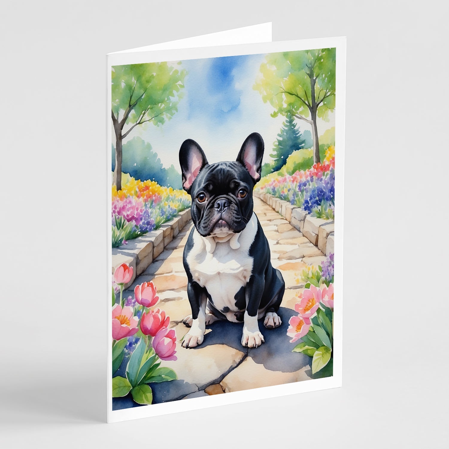 French Bulldog Spring Path Greeting Cards Pack of 8 Blank Cards with Envelopes Whimsical A7 Size 5x7