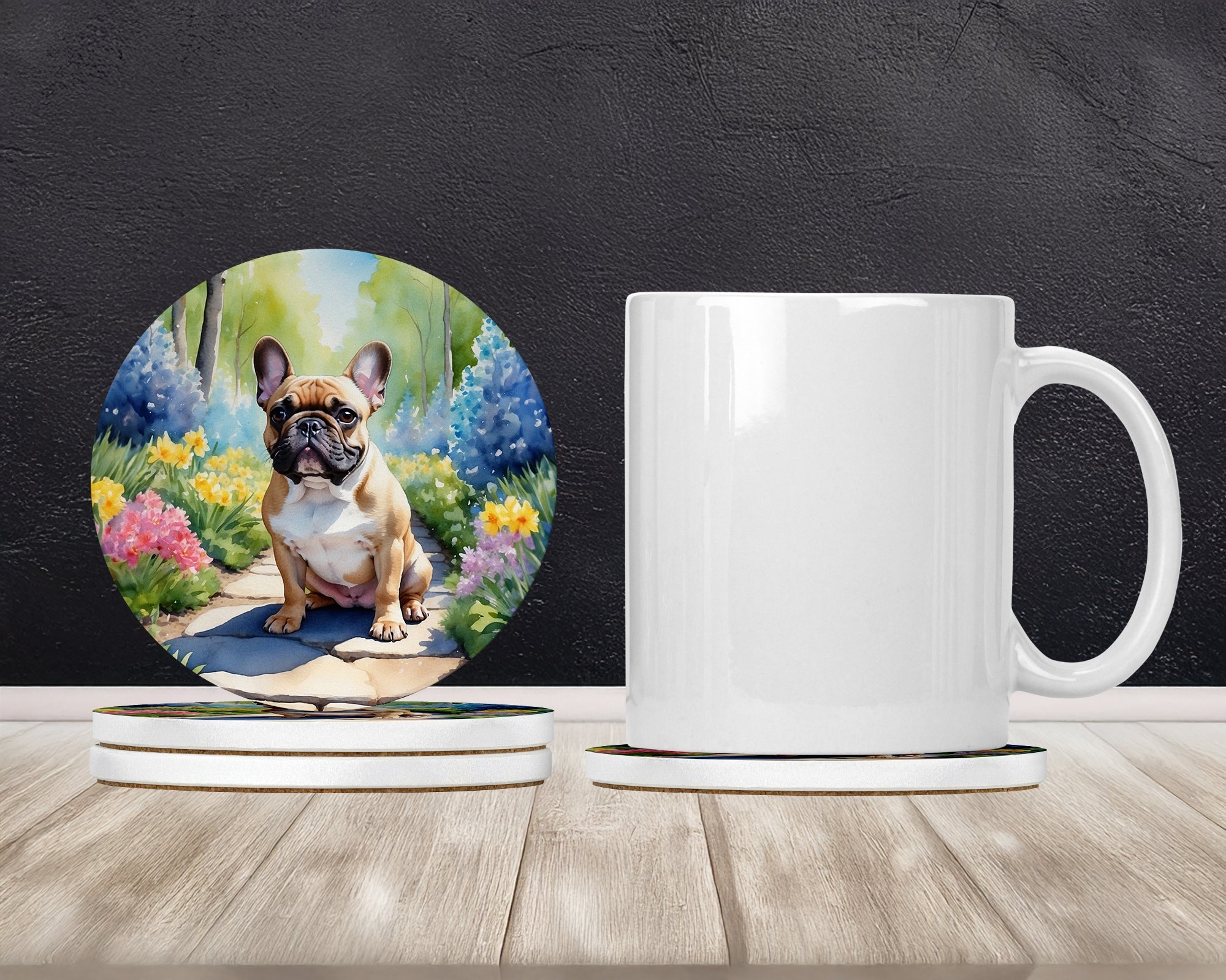 French Bulldog Spring Path Large Sandstone Coasters Pack of 4 Absorbent Round Coasters Decor Gifts for Men or Women, 4 in, Multicolor