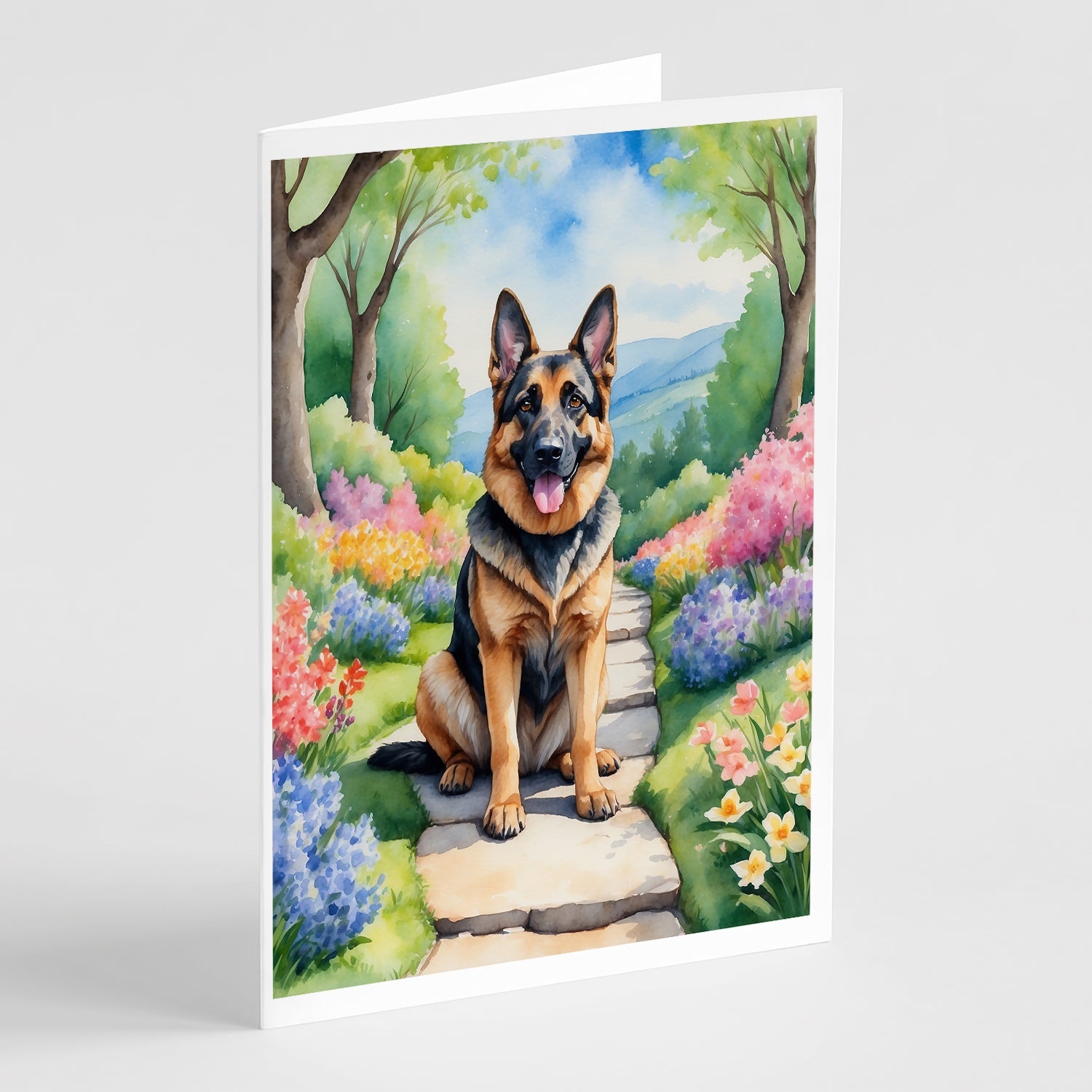 German Shepherd Spring Path Greeting Cards Pack of 8 Blank Cards with Envelopes Whimsical A7 Size 5x7