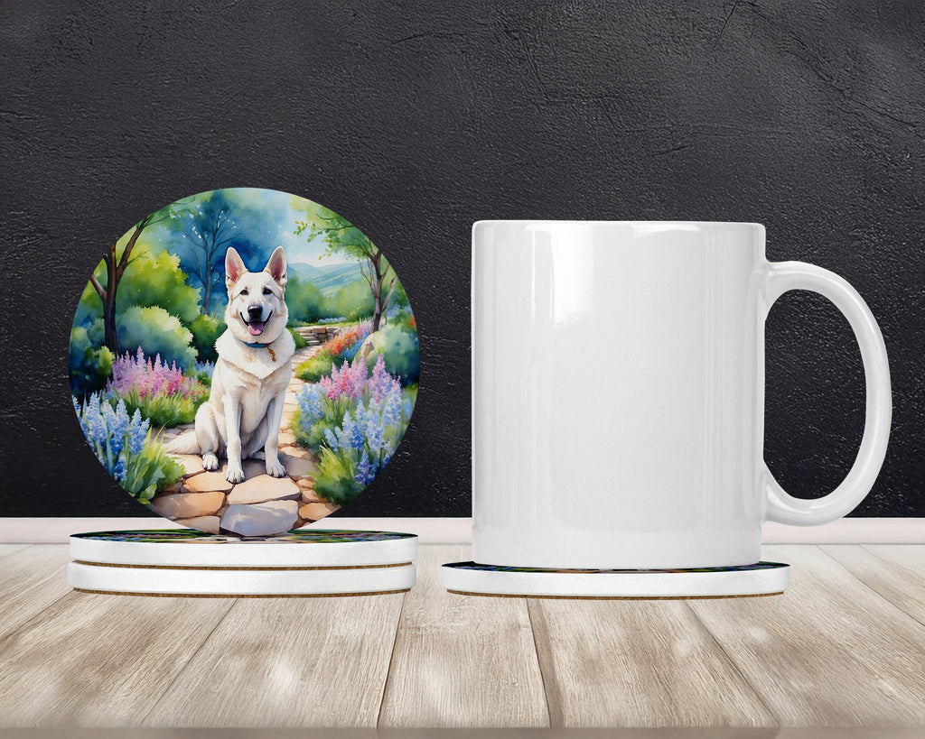 German Shepherd Spring Path Large Sandstone Coasters Pack of 4 Absorbent Round Coasters Decor Gifts for Men or Women, 4 in, Multicolor
