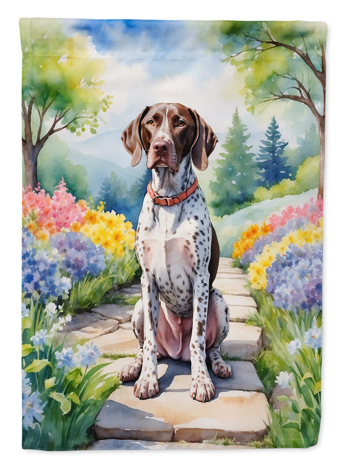 German Shorthaired Pointer Spring Path House Flag 28x40 Porch Sleeve Pole Decorative Outside Yard Banner Artwork Wall Hanging, Polyester