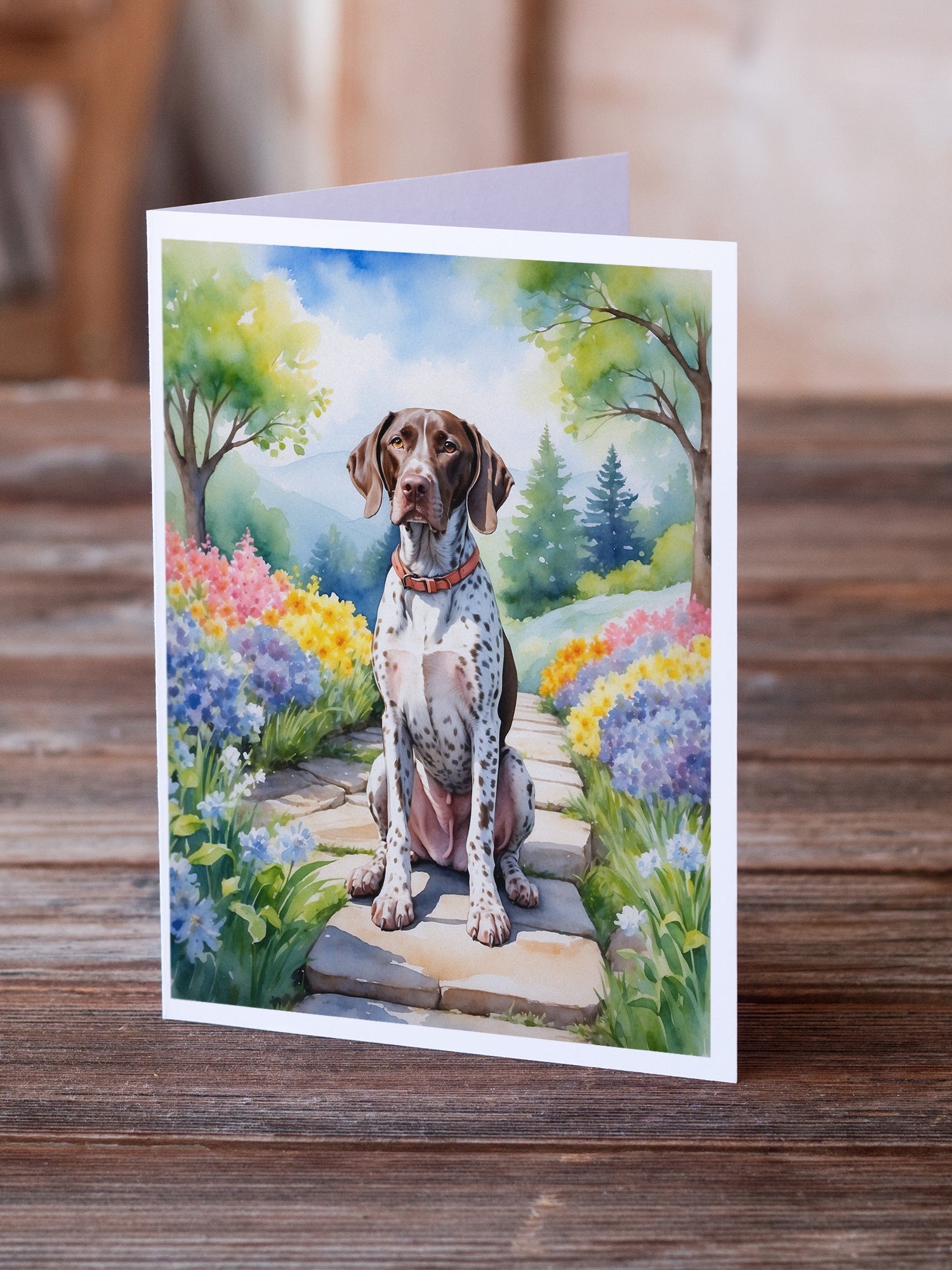 German Shorthaired Pointer Spring Path Greeting Cards Pack of 8 Blank Cards with Envelopes Whimsical A7 Size 5x7