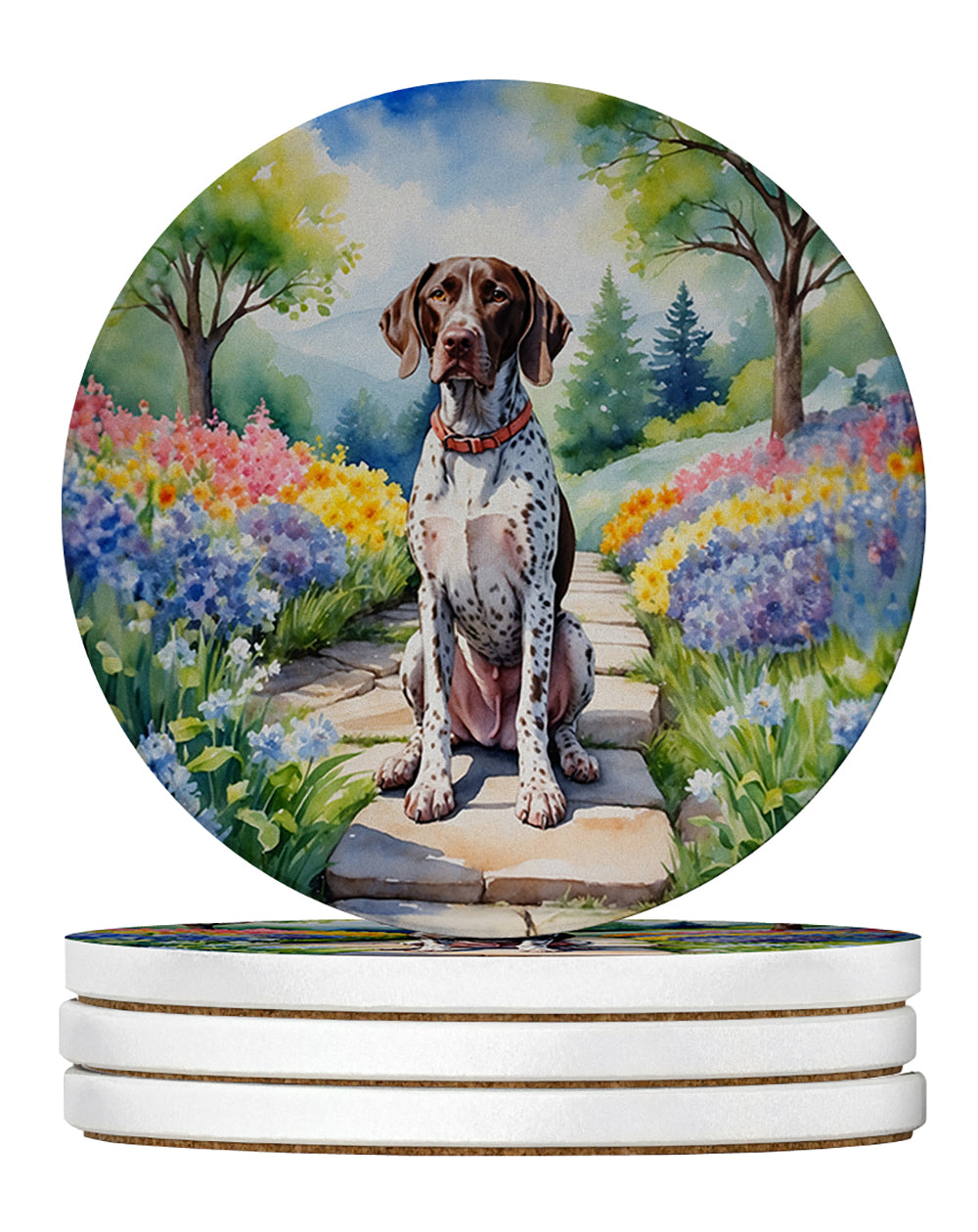 German Shorthaired Pointer Spring Path Large Sandstone Coasters Pack of 4 Absorbent Round Coasters Decor Gifts for Men or Women, 4 in, Multicolor
