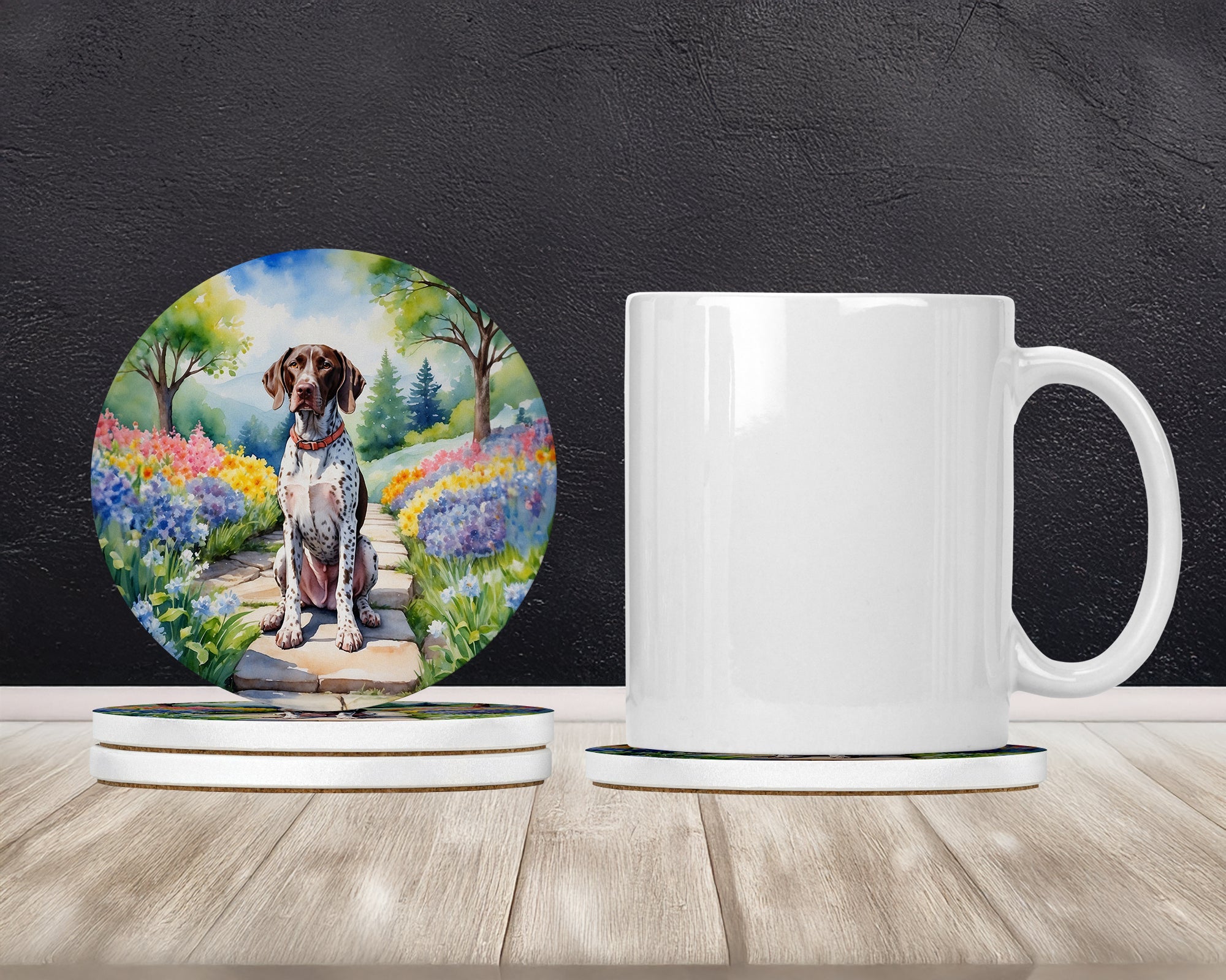 German Shorthaired Pointer Spring Path Large Sandstone Coasters Pack of 4 Absorbent Round Coasters Decor Gifts for Men or Women, 4 in, Multicolor