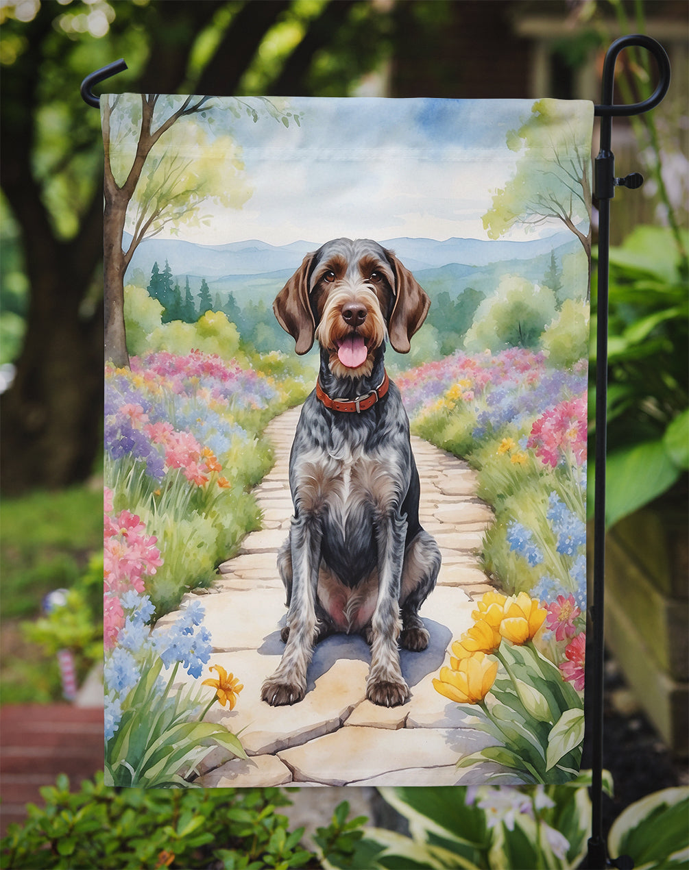German Wirehaired Pointer Spring Path Garden Flag Mailbox Decorative Yard Banner Outside Patio Artwork for Flower Beds, Garden Size, Multicolor