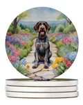 German Wirehaired Pointer Spring Path Large Sandstone Coasters Pack of 4 Absorbent Round Coasters Decor Gifts for Men or Women, 4 in, Multicolor
