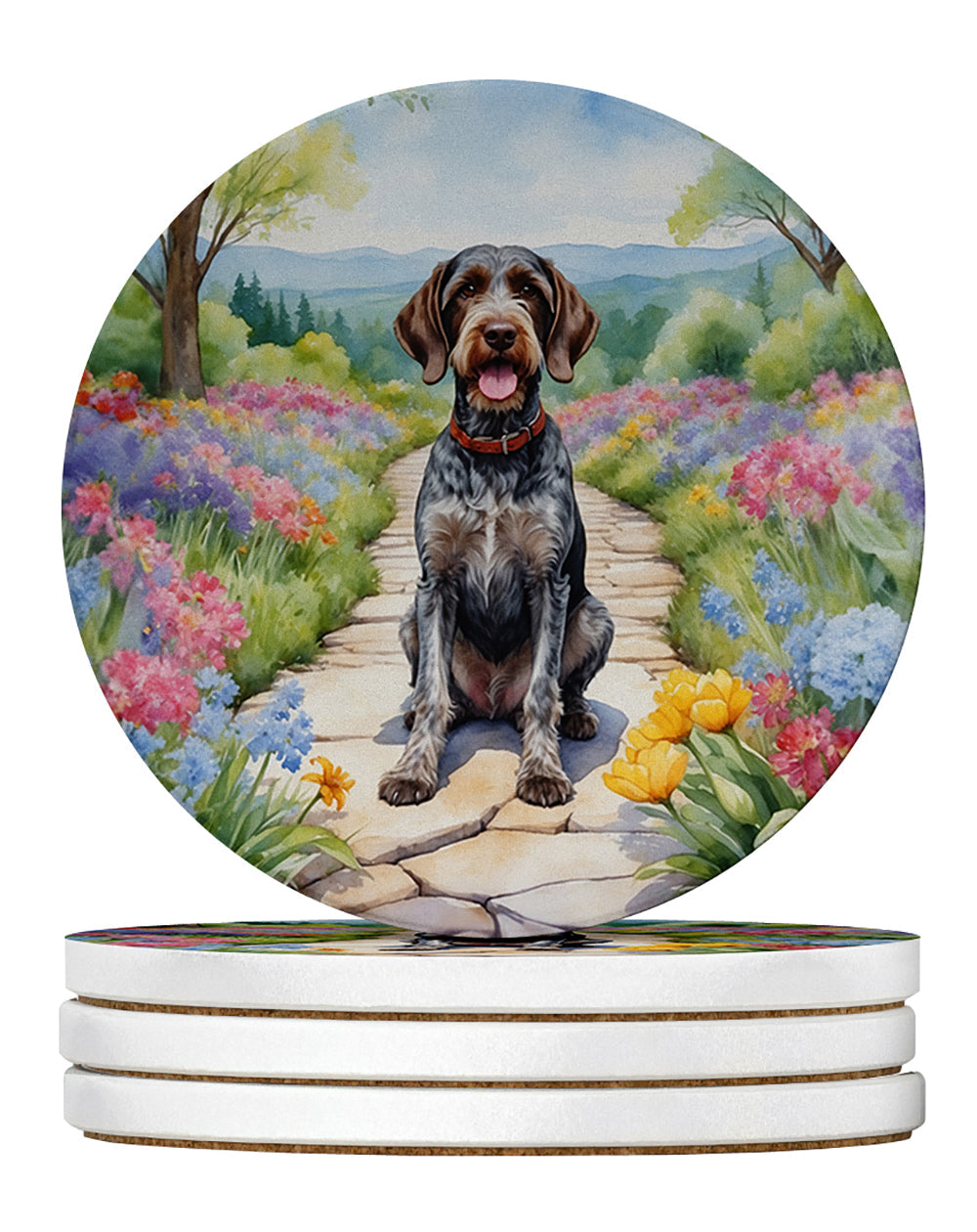 German Wirehaired Pointer Spring Path Large Sandstone Coasters Pack of 4 Absorbent Round Coasters Decor Gifts for Men or Women, 4 in, Multicolor