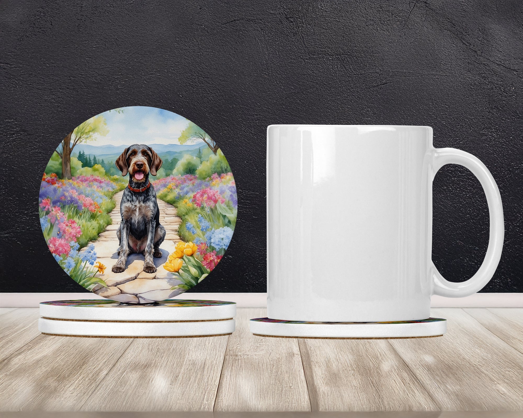 German Wirehaired Pointer Spring Path Large Sandstone Coasters Pack of 4 Absorbent Round Coasters Decor Gifts for Men or Women, 4 in, Multicolor