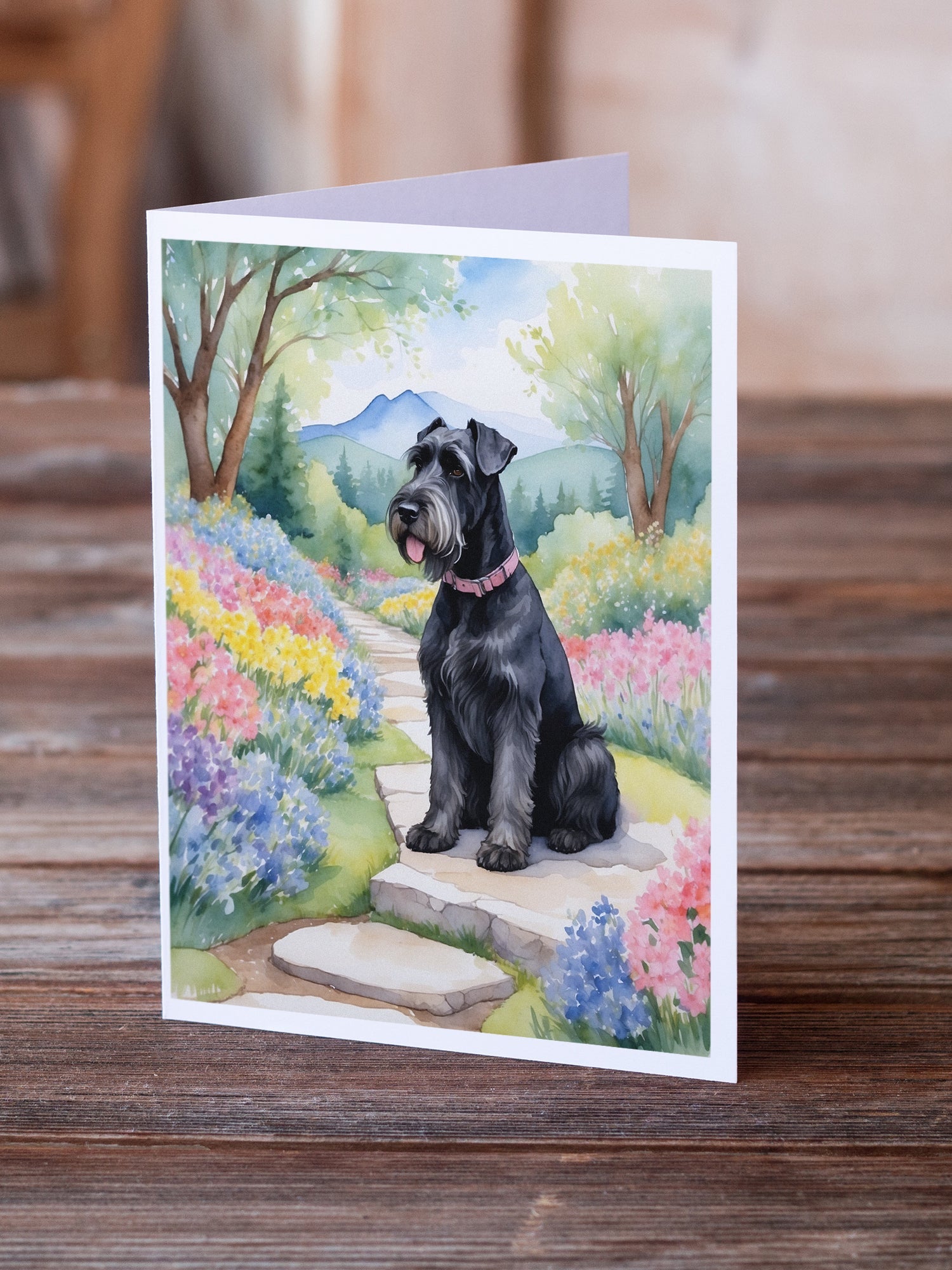 Giant Schnauzer Spring Path Greeting Cards Pack of 8 Blank Cards with Envelopes Whimsical A7 Size 5x7