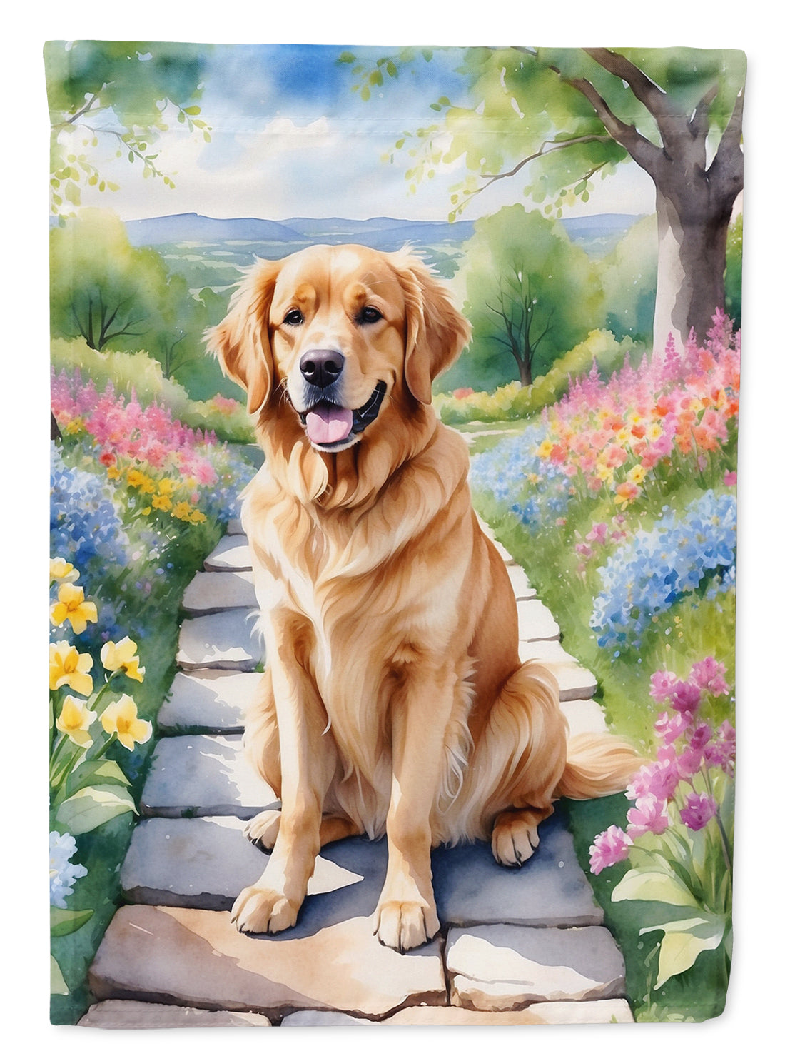 Golden Retriever Spring Path House Flag 28x40 Porch Sleeve Pole Decorative Outside Yard Banner Artwork Wall Hanging, Polyester