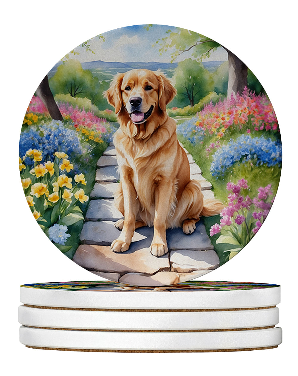 Golden Retriever Spring Path Large Sandstone Coasters Pack of 4 Absorbent Round Coasters Decor Gifts for Men or Women, 4 in, Multicolor