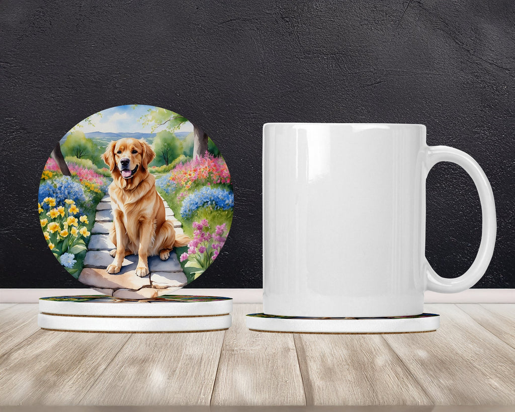 Golden Retriever Spring Path Large Sandstone Coasters Pack of 4 Absorbent Round Coasters Decor Gifts for Men or Women, 4 in, Multicolor