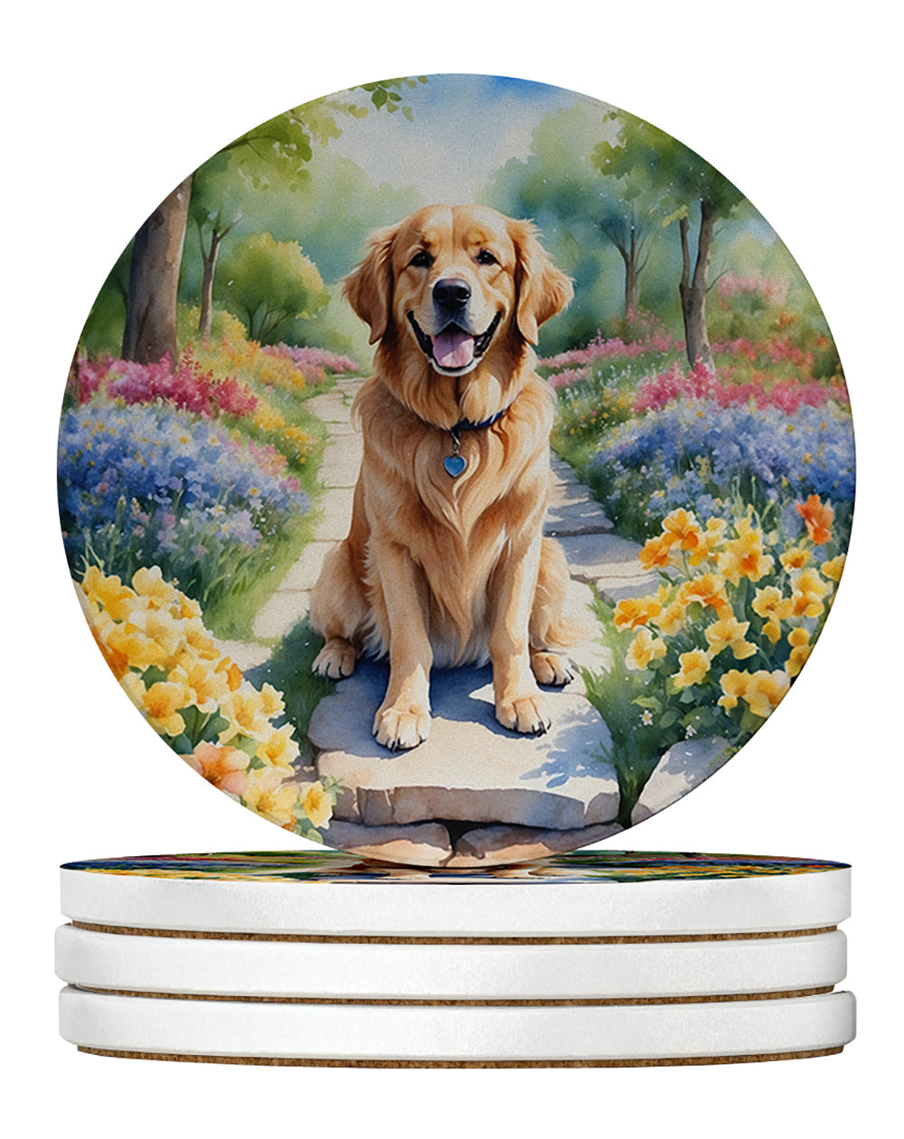 Golden Retriever Spring Path Large Sandstone Coasters Pack of 4 Absorbent Round Coasters Decor Gifts for Men or Women, 4 in, Multicolor