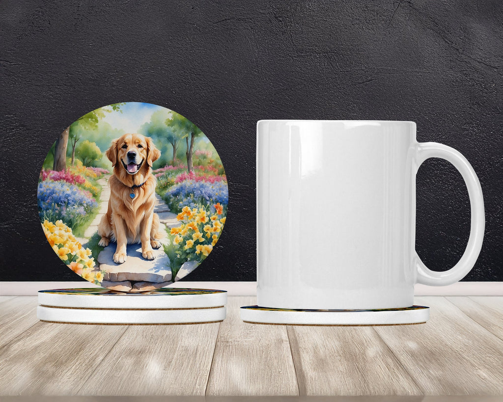 Golden Retriever Spring Path Large Sandstone Coasters Pack of 4 Absorbent Round Coasters Decor Gifts for Men or Women, 4 in, Multicolor