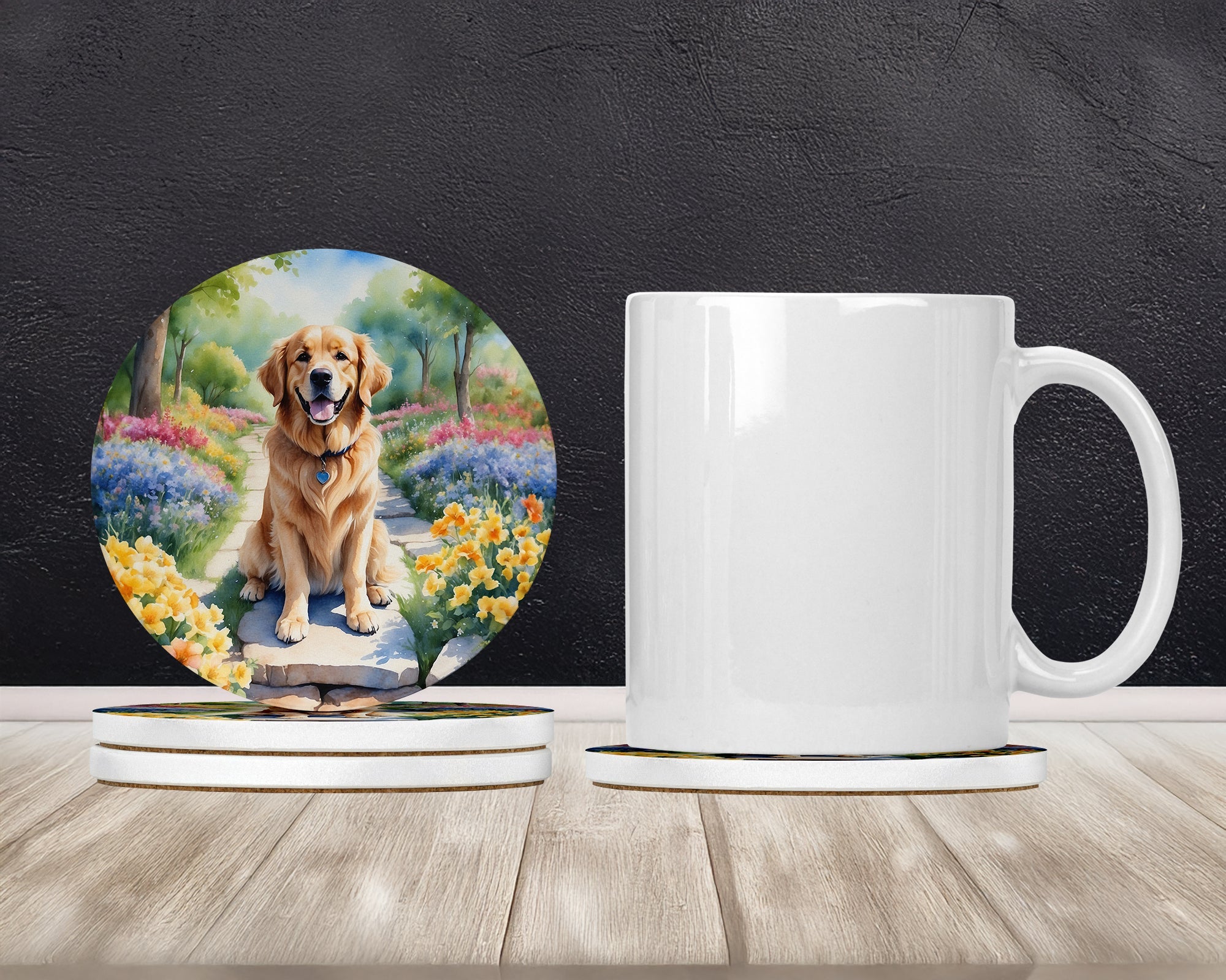Golden Retriever Spring Path Large Sandstone Coasters Pack of 4 Absorbent Round Coasters Decor Gifts for Men or Women, 4 in, Multicolor