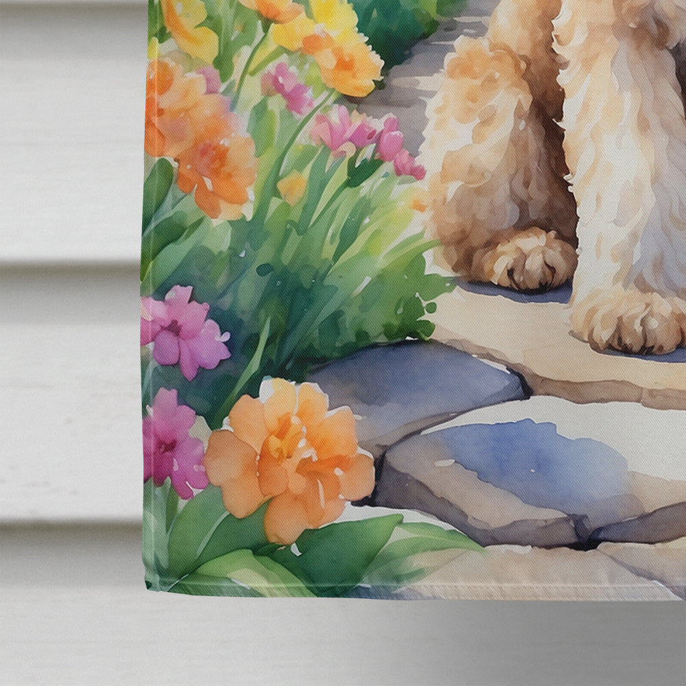 Goldendoodle Spring Path House Flag 28x40 Porch Sleeve Pole Decorative Outside Yard Banner Artwork Wall Hanging, Polyester