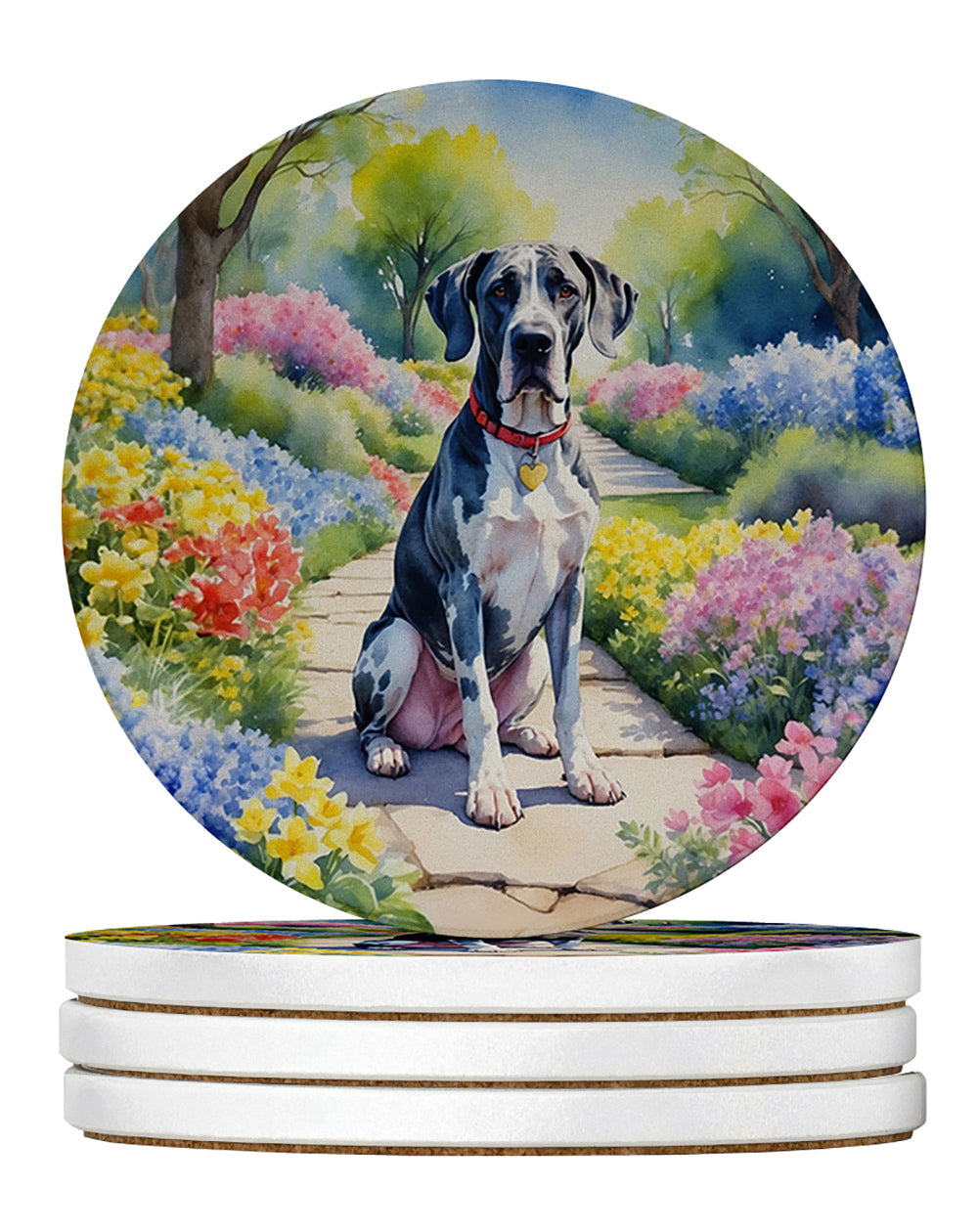 Great Dane Spring Path Large Sandstone Coasters Pack of 4 Absorbent Round Coasters Decor Gifts for Men or Women, 4 in, Multicolor