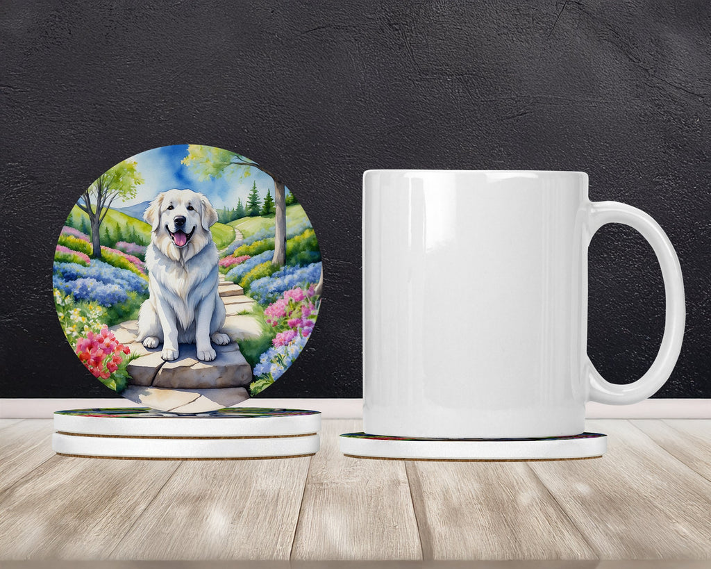 Great Pyrenees Spring Path Large Sandstone Coasters Pack of 4 Absorbent Round Coasters Decor Gifts for Men or Women, 4 in, Multicolor