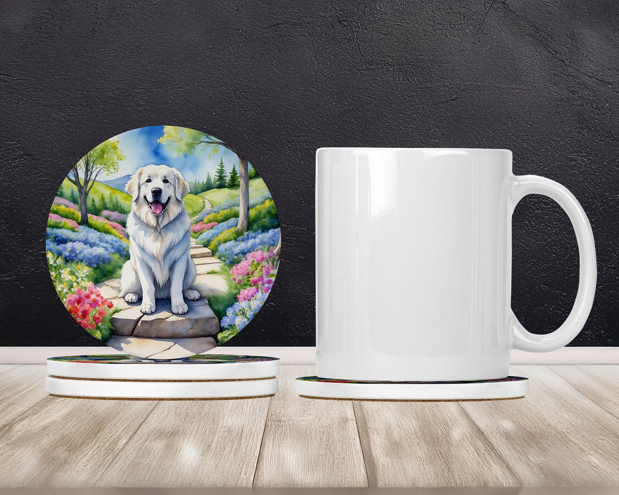 Great Pyrenees Spring Path Large Sandstone Coasters Pack of 4 Absorbent Round Coasters Decor Gifts for Men or Women, 4 in, Multicolor