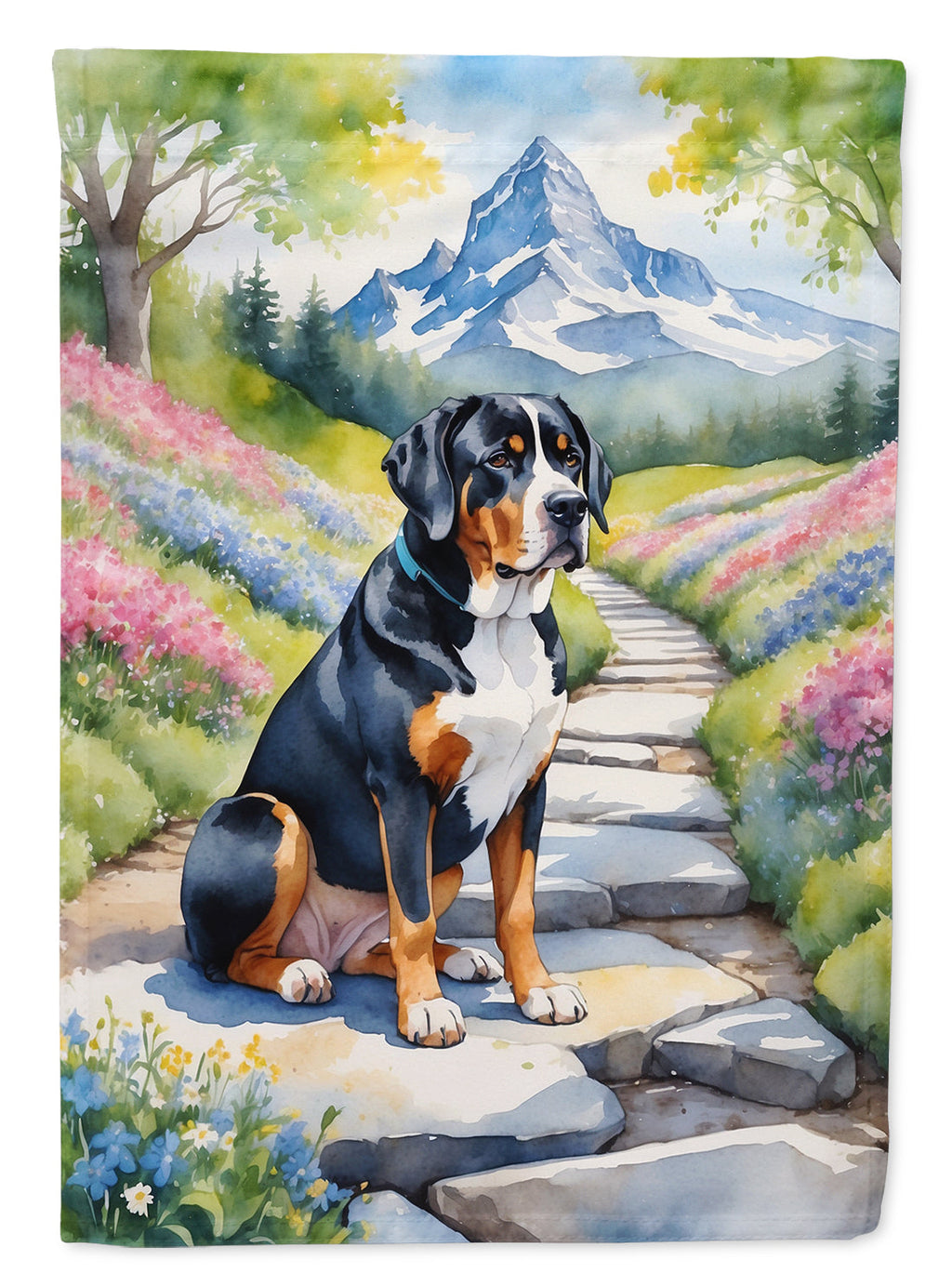 Greater Swiss Mountain Dog Spring Path House Flag 28x40 Porch Sleeve Pole Decorative Outside Yard Banner Artwork Wall Hanging, Polyester