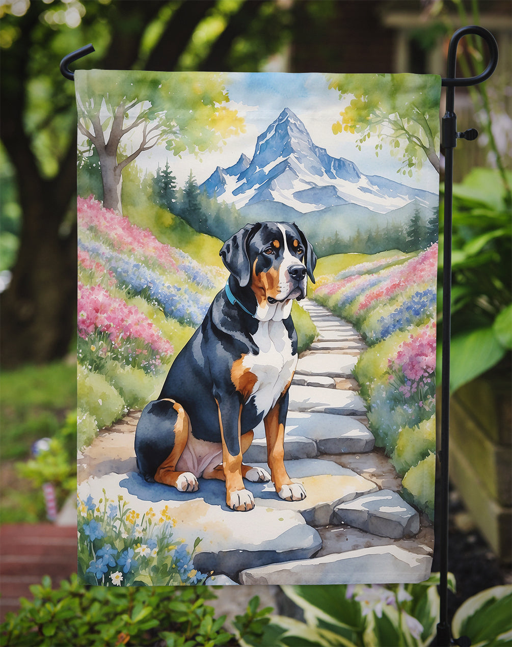 Greater Swiss Mountain Dog Spring Path Garden Flag Mailbox Decorative Yard Banner Outside Patio Artwork for Flower Beds, Garden Size, Multicolor