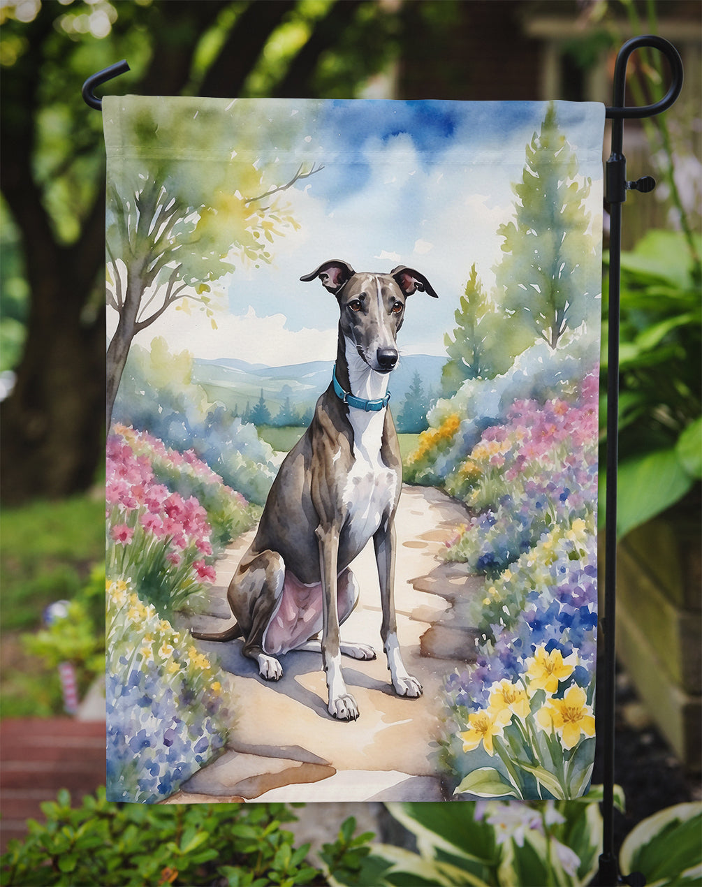 Greyhound Spring Path Garden Flag Mailbox Decorative Yard Banner Outside Patio Artwork for Flower Beds, Garden Size, Multicolor