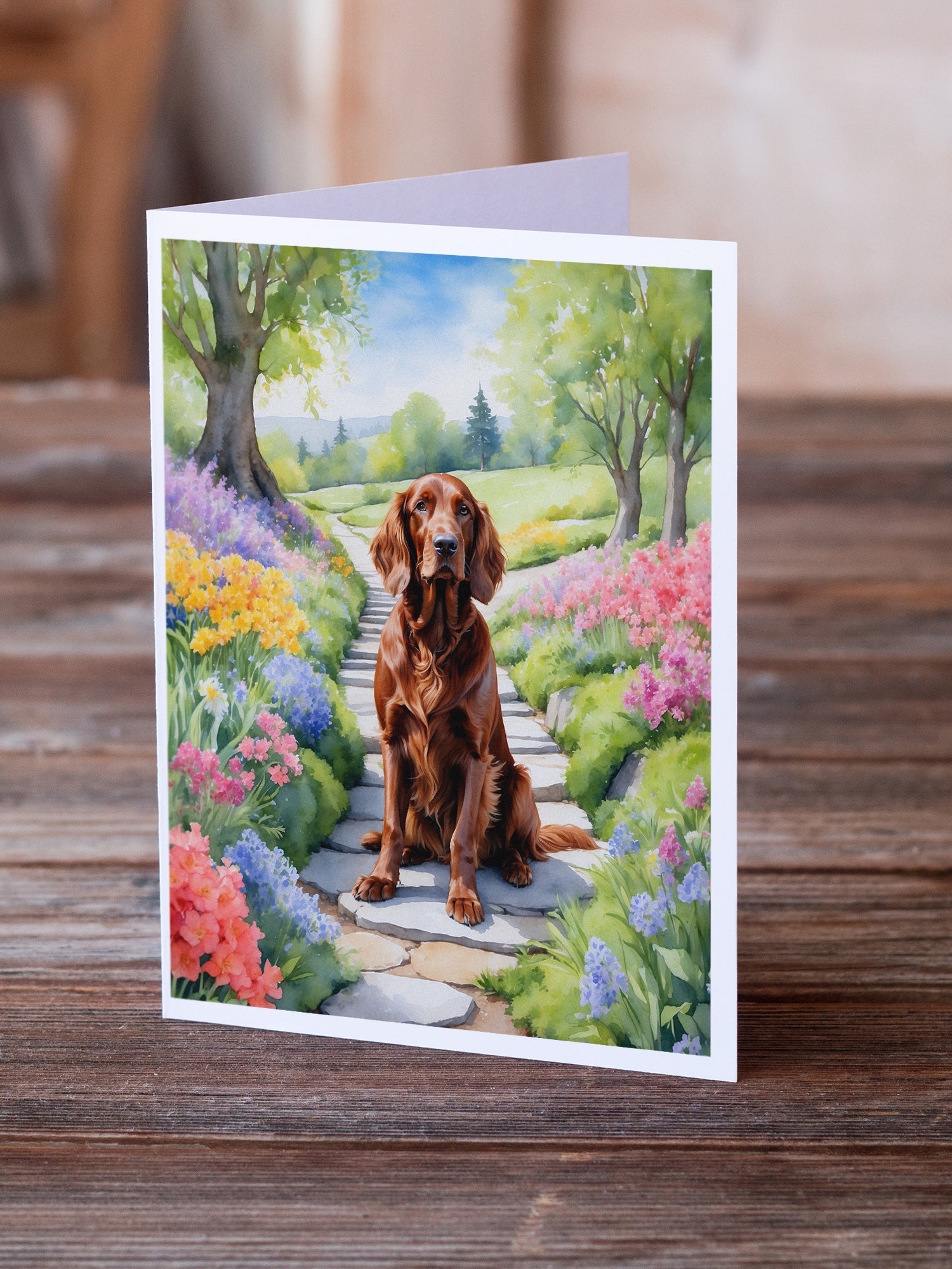 Irish Setter Spring Path Greeting Cards Pack of 8 Blank Cards with Envelopes Whimsical A7 Size 5x7