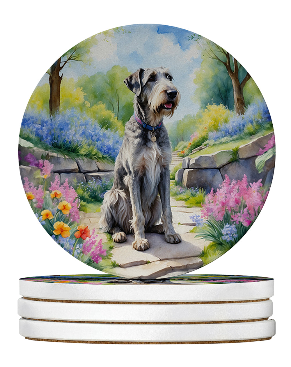 Irish Wolfhound Spring Path Large Sandstone Coasters Pack of 4 Absorbent Round Coasters Decor Gifts for Men or Women, 4 in, Multicolor