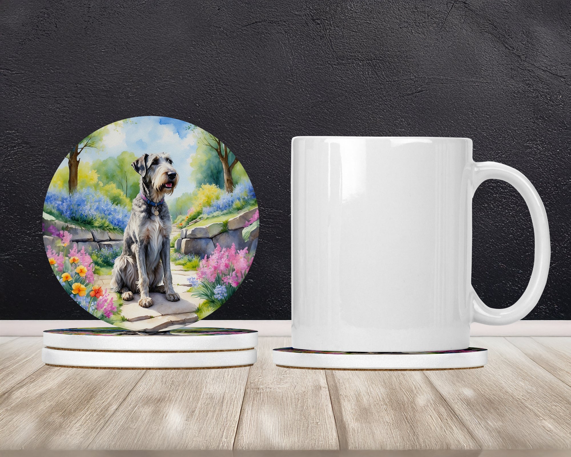Irish Wolfhound Spring Path Large Sandstone Coasters Pack of 4 Absorbent Round Coasters Decor Gifts for Men or Women, 4 in, Multicolor